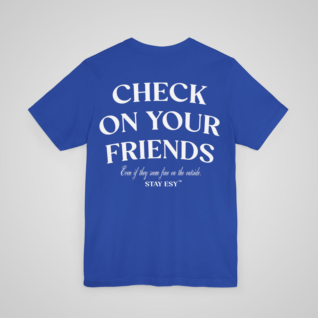 Back view of royal blue mental health tee shirt with a powerful awareness message