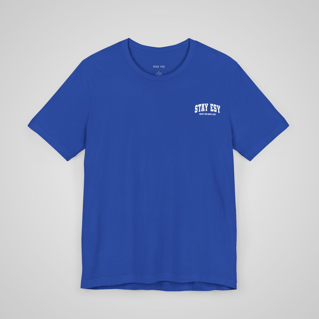 Front view of royal blue mental health awareness tshirt designed for self-care advocacy