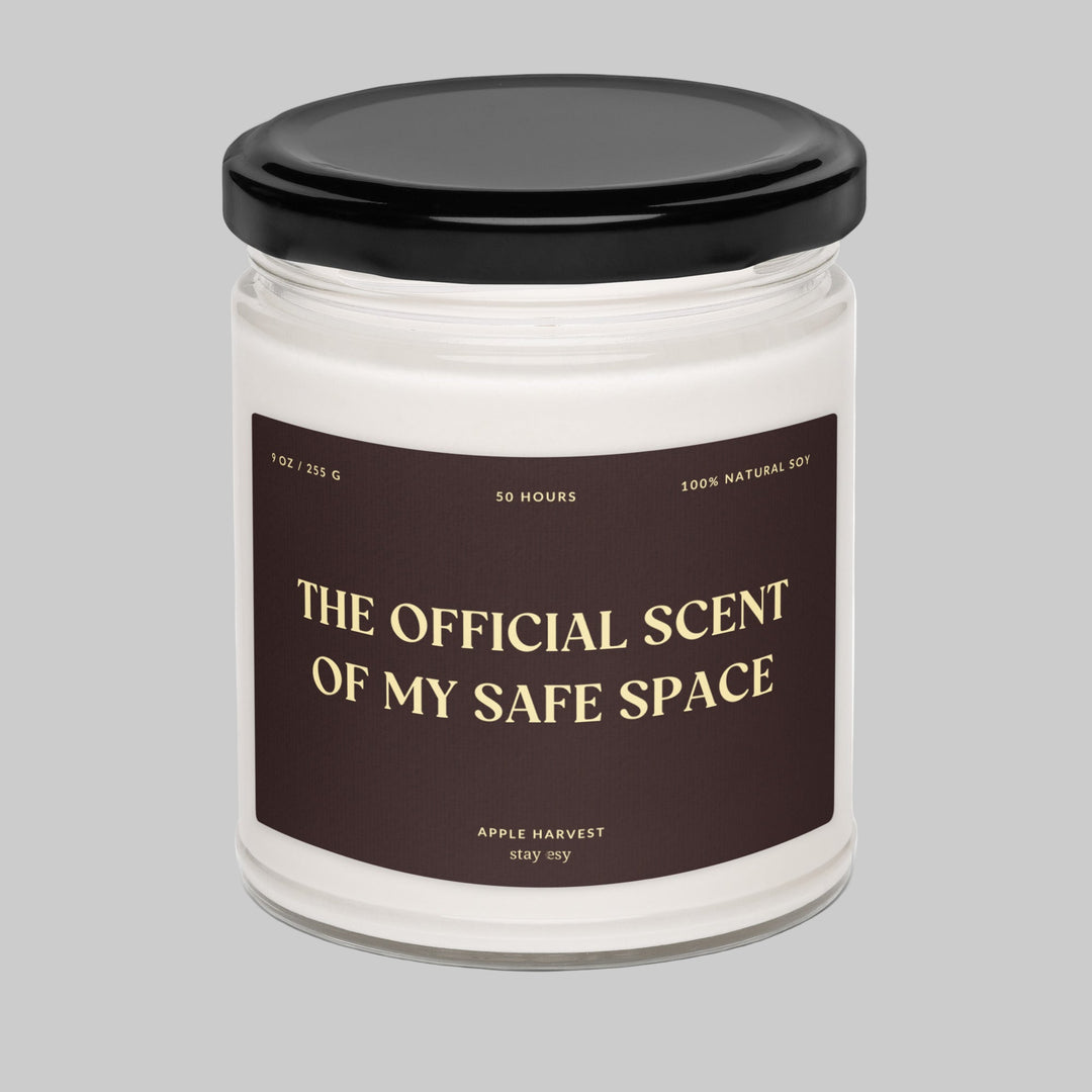 Candle jar with a label reading 'The Official Scent of My Safe Space' on a white background