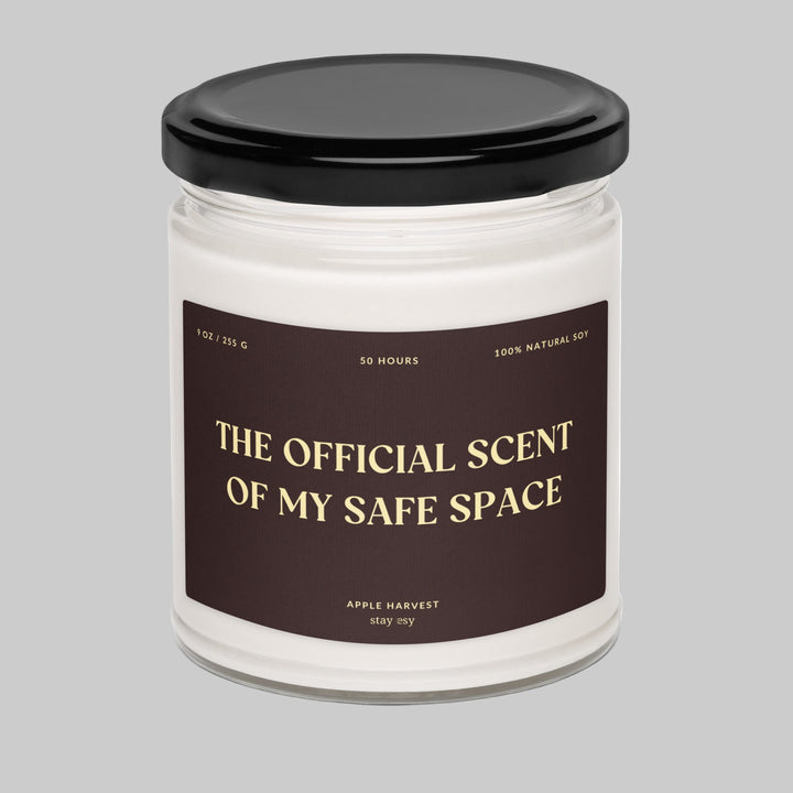 Candle jar with a label reading 'The Official Scent of My Safe Space' on a white background