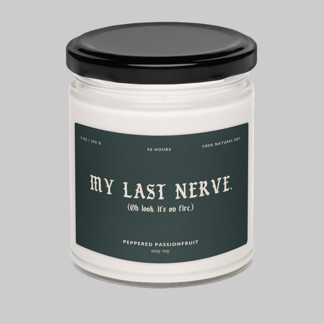 Candle jar with 'My Last Nerve' label on a white background