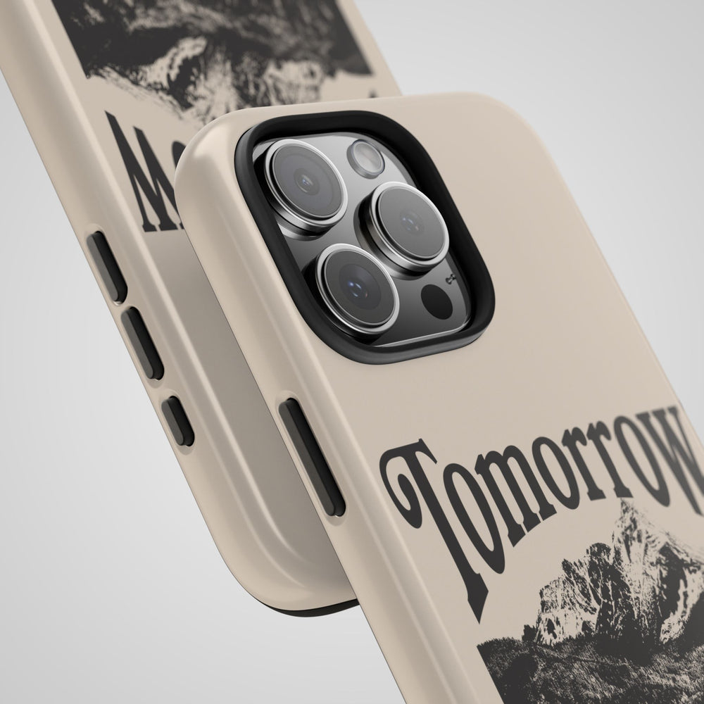 Tomorrow Needs You iPhone and Samsung case shown in a real-life setting, offering durability and a positive message for daily inspiration.
