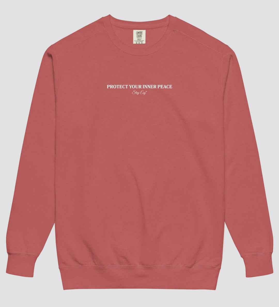 Crimson unisex sweatshirt small "Protect your inner peace"graphic text in the middle of chest with "Stay Esy" trademark in script font underneath.