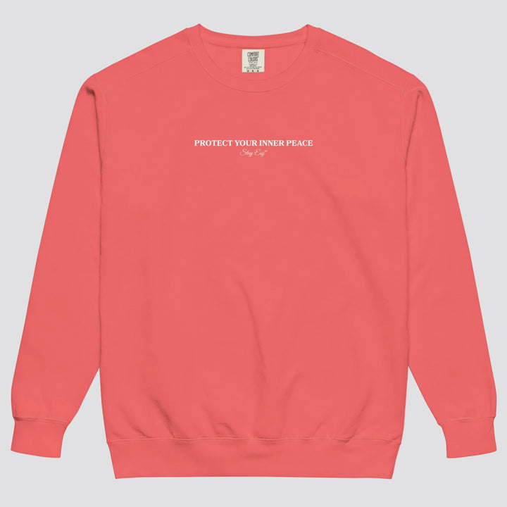 Watermelon unisex sweatshirt small "Protect your inner peace"graphic text in the middle of chest with "Stay Esy" trademark in script font underneath.