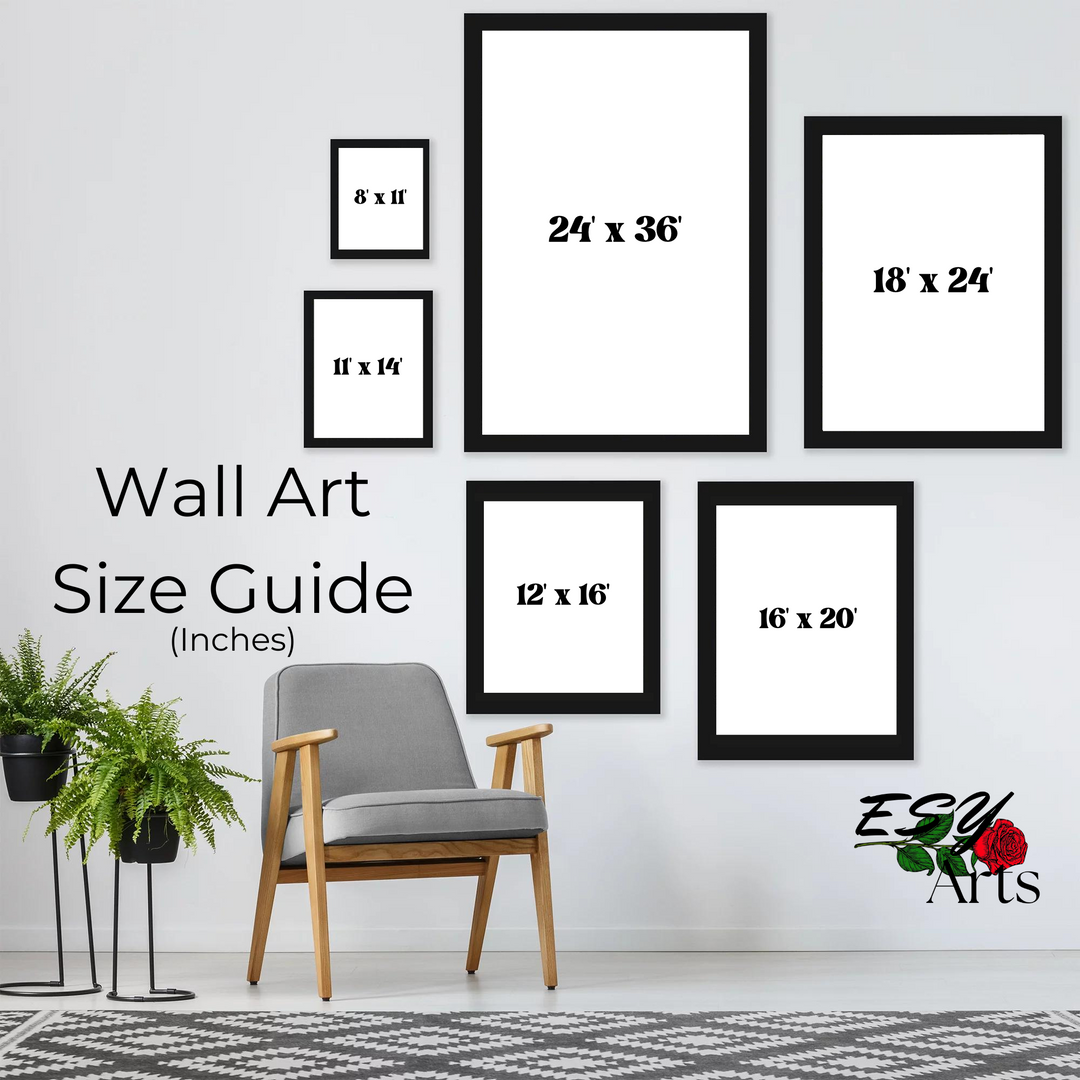 White Tiger mental health artwork size guide showing available dimensions for different spaces, ensuring a perfect fit for therapy offices and homes.