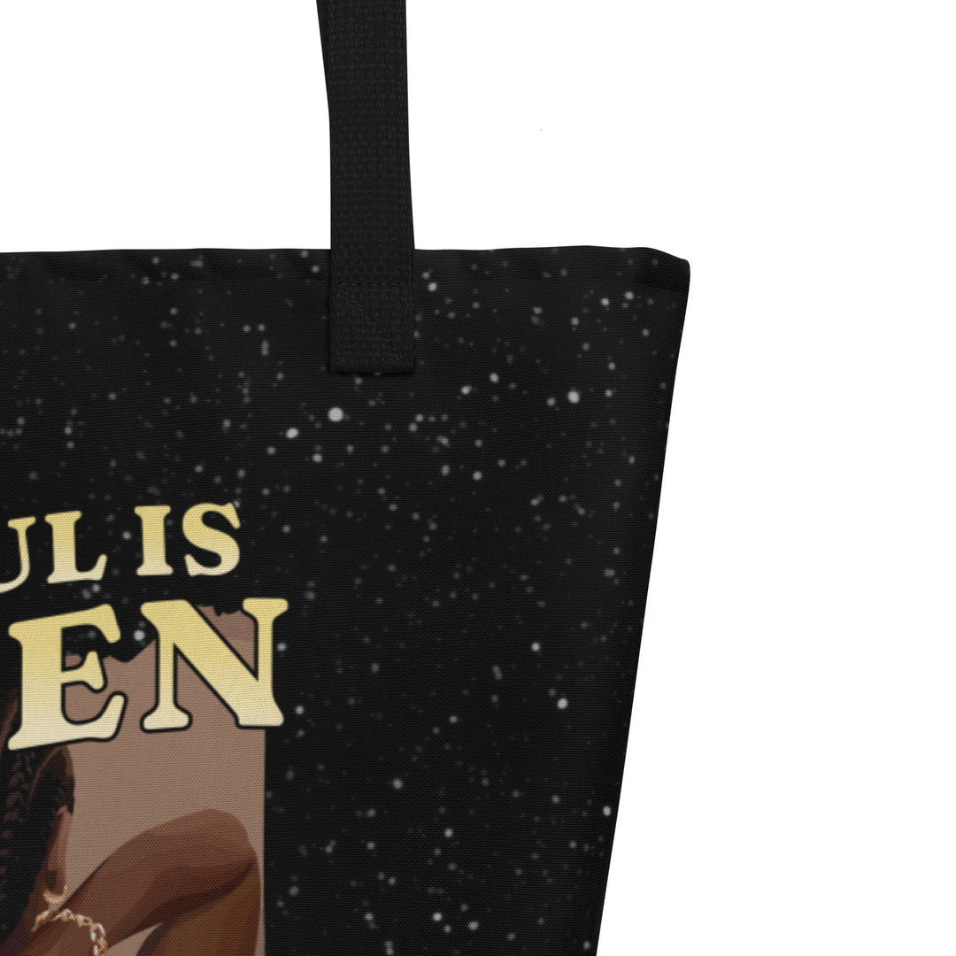 A close-up of the Your Soul Is Golden Tote Bag, showcasing its high-quality print and empowering message for Black women. A stylish and durable mental health awareness tote bag.