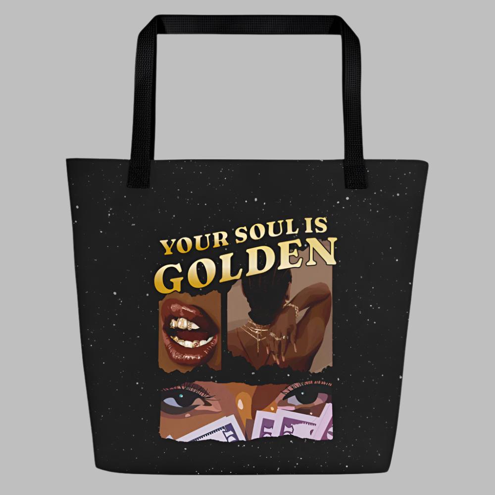 The Your Soul Is Golden Graphic Tote Bag celebrates Black women empowerment with a bold, inspiring design. This large tote bag is perfect for work, school, or everyday use.