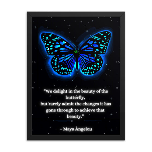 Butterfly x Angelou mental health poster in 18x24 size with a sleek black frame, designed for therapy offices and home decor, inspiring positivity and growth.
