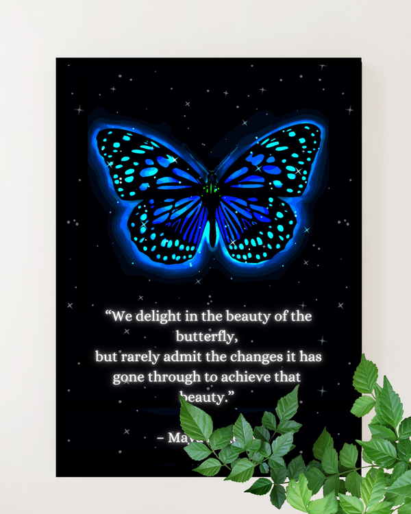  Butterfly x Angelou mental health wall art featuring a poetic design with a butterfly, symbolizing transformation and strength, perfect for therapy offices.
