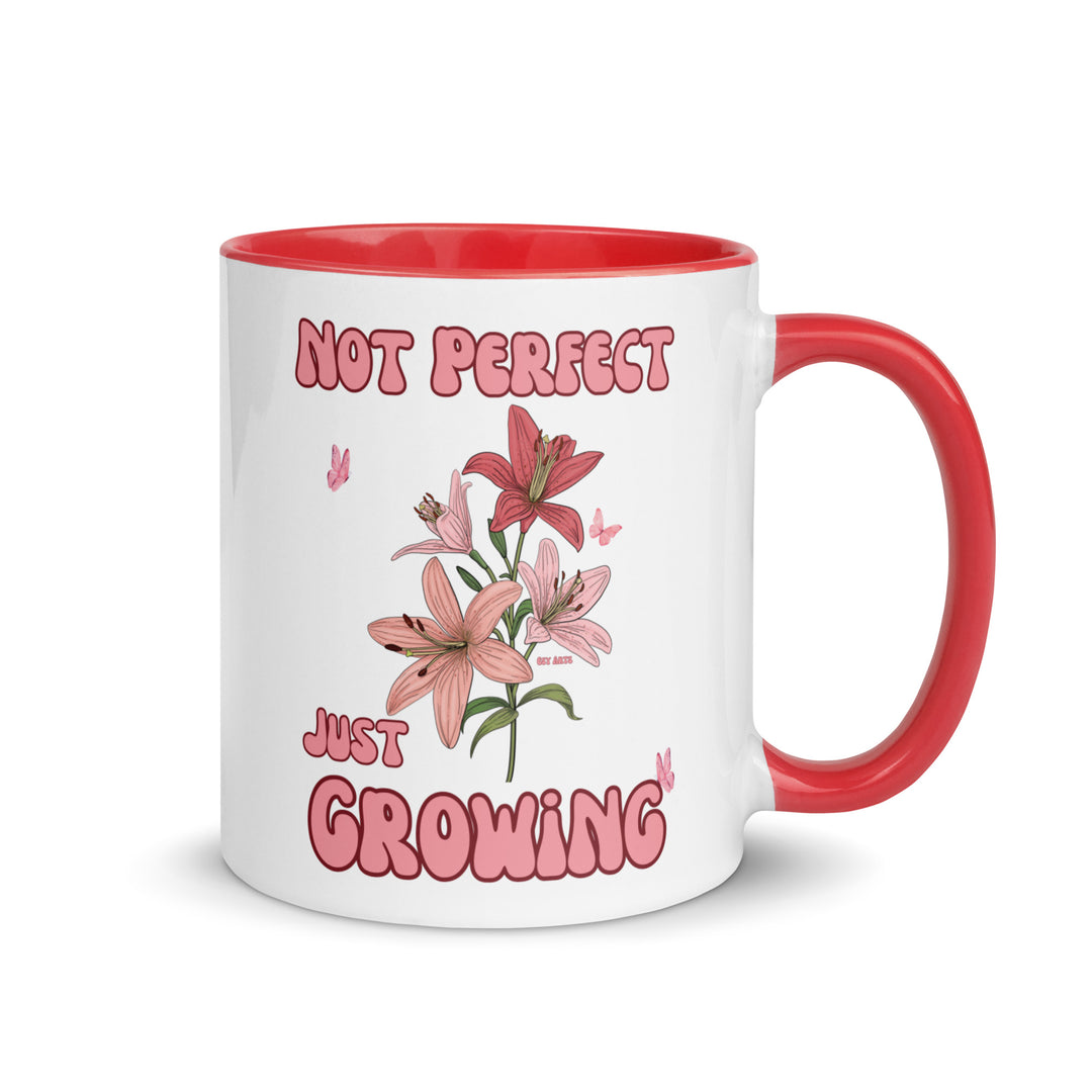 The Not Perfect Just Growing Mental Health Coffee Mug, a daily reminder to embrace self-growth and positivity.